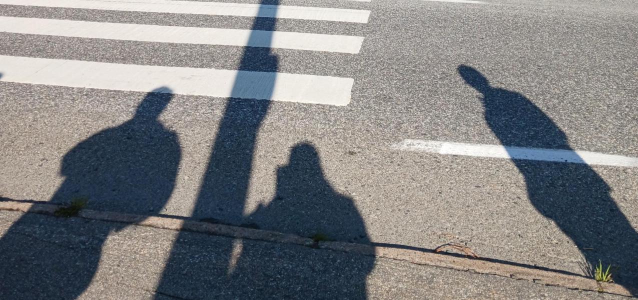 kuva suojatiestä jossa ihmisvarjoja