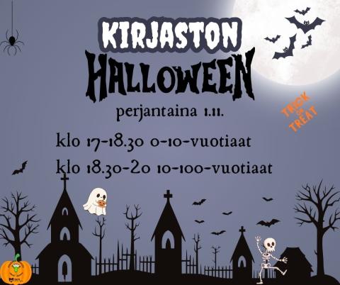 Kuvassa Halloweeni-tapahtuman juliste, jossa kuvituksena pelottava piirrosmaisema.