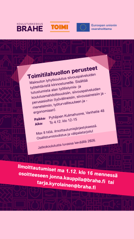 Mainos toimitilahuollon lyhytkoulutuksesta 4.12.25 klo 12-15