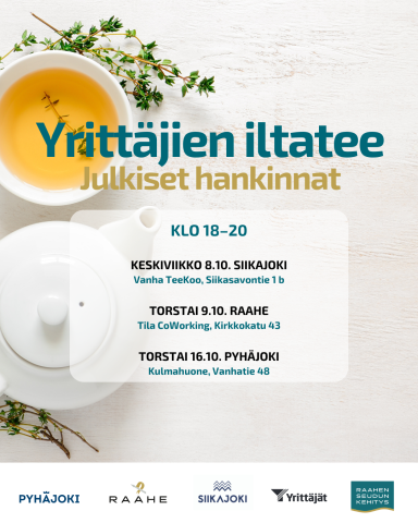Tervetuloa mukaan rentoon ja maksuttomaan yrittäjien iltateetilaisuuteen! Illan aikana kuulemme yleistä ja ajankohtaista tietoa julkisiin hankintoihin osallistumisesta,  yhteistarjoamisesta ja markkinavuoropuhelusta. 
