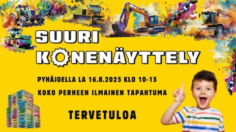 Kuvassa iloinen lapsi osoittaa tekstiä Suuri konenäyttely, keltainen tausta ja värikkäitä piirroskoneita.