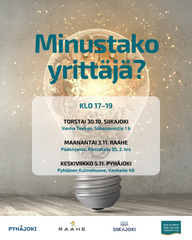  Minustako yrittäjä -tilaisuus tarjoaa yrittäjyydestä kiinnostuneille henkilöille maksuttoman, vapaamuotoisen ja matalan kynnyksen tilaisuuden tulla kuulemaan yrittäjyyteen sekä yrityksen perustamiseen liittyvistä asioista.