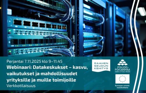 Tapahtuman tiedot ja taustalla lähikuva konesalista.