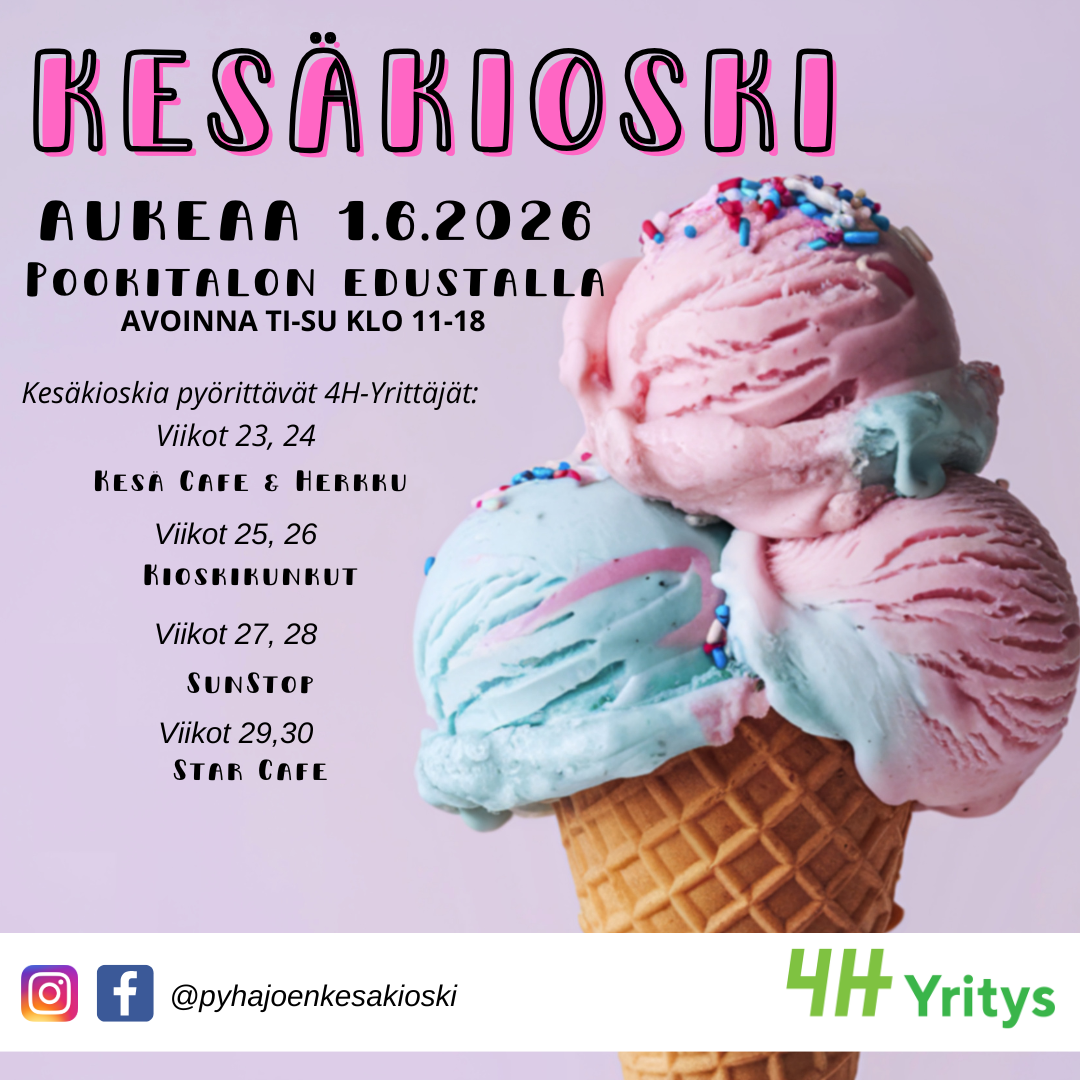 Kesäkioski on avoinna TI-SU klo 11-18. Kesäkioskia pyörittävät nuoret 4H-Yrittäjät.