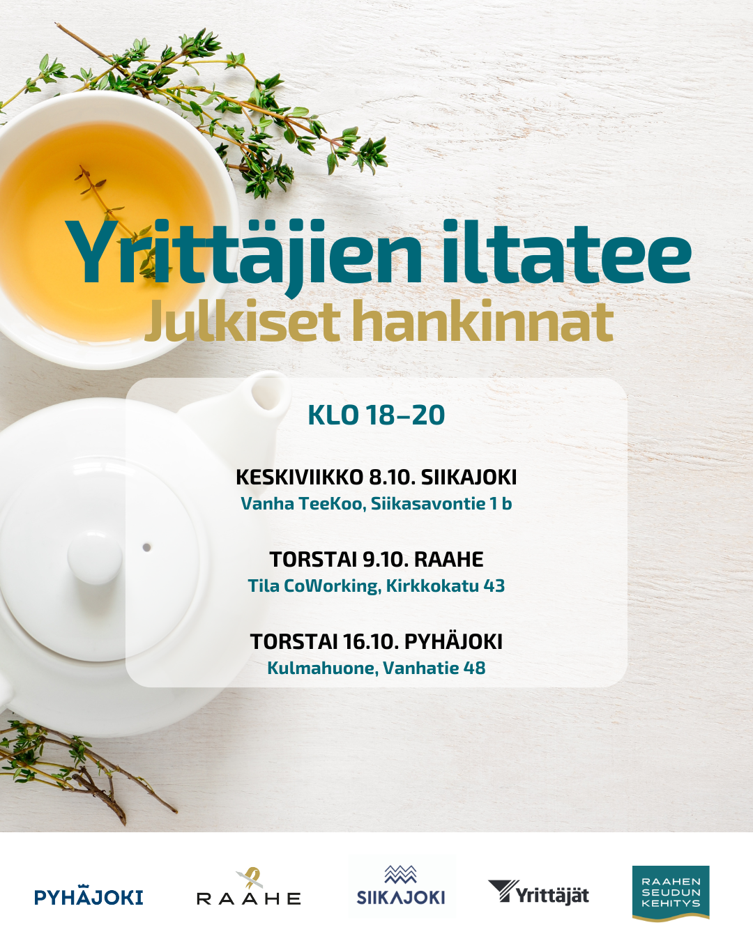 Tervetuloa mukaan rentoon ja maksuttomaan yrittäjien iltateetilaisuuteen! Illan aikana kuulemme yleistä ja ajankohtaista tietoa julkisiin hankintoihin osallistumisesta,  yhteistarjoamisesta ja markkinavuoropuhelusta. 