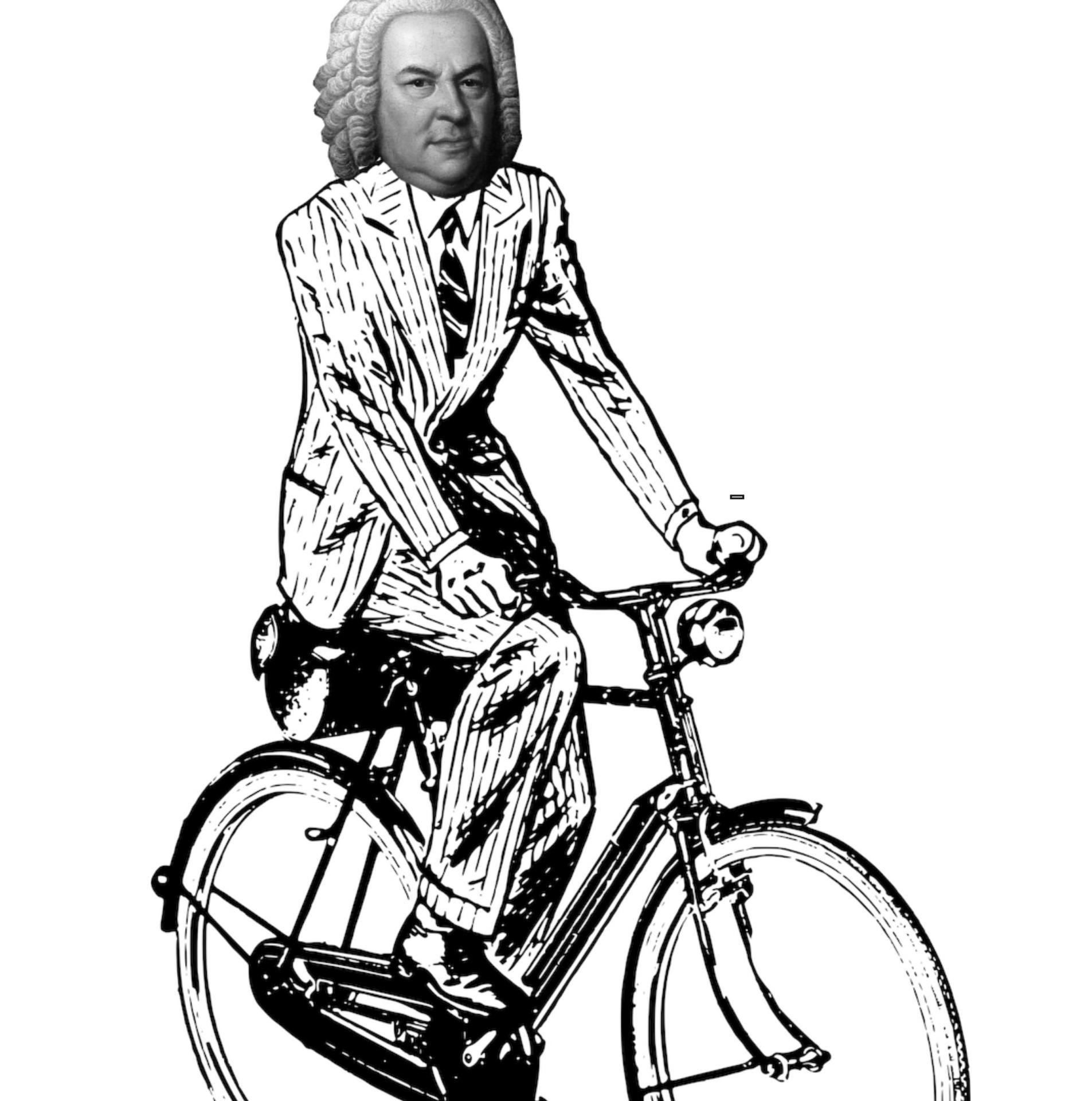 Kuvassa Bach pyöräilee. 