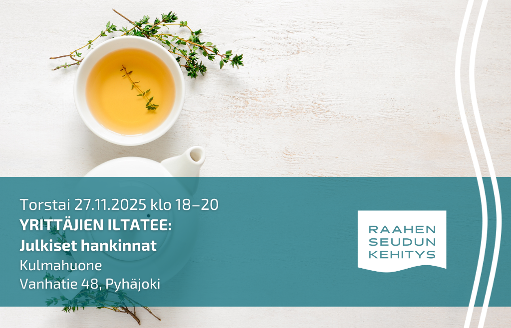 Tapahtuman tiedot ja vaalealla taustalla teekannu ja -kuppi.